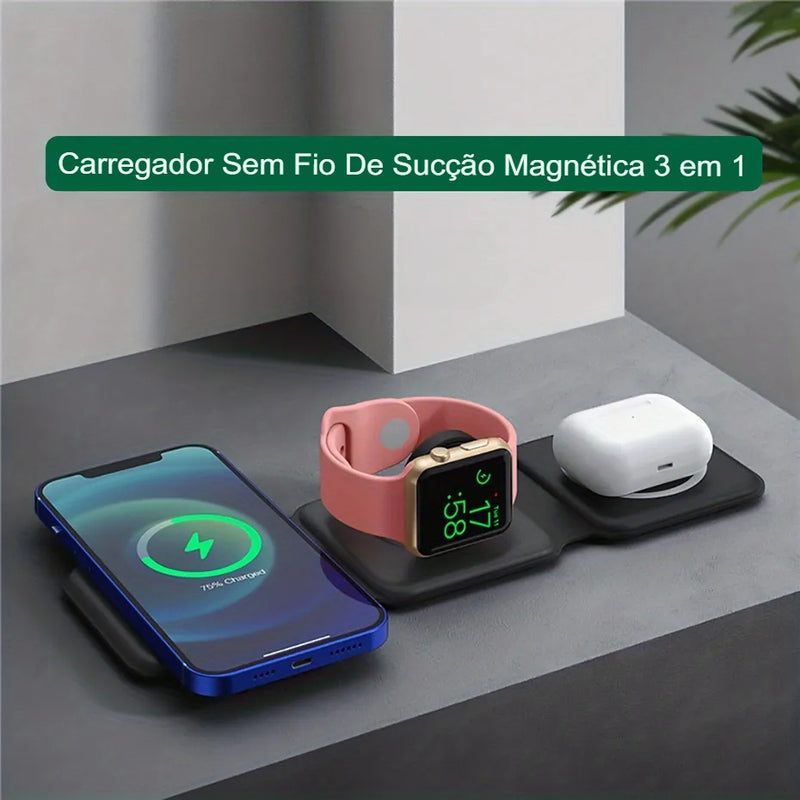 Carregador de Bolso 3 em 1 | Magnetic Charger | O mais Compacto e eficiente carregador de Celular, Relógio e Fones do mercado