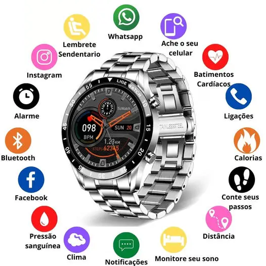 Smart Watch de Luxo Original | Inteligente | Sofisticado | + de 20 Funções | Pressão | Batimentos |Clima | Fitness